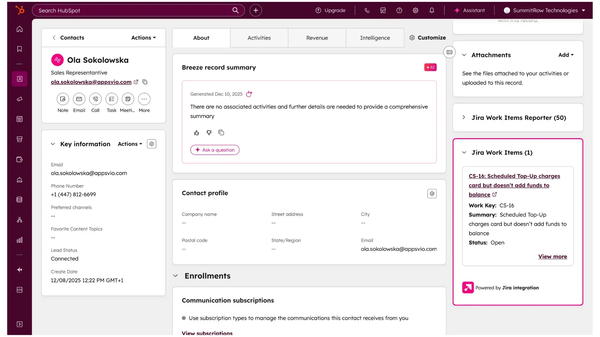 A HubSpot Contact record after the setup is complete. The right-hand sidebar is highlighted in pink, showing the newly added &Jira Work Items card displaying a ticket summary and status.
