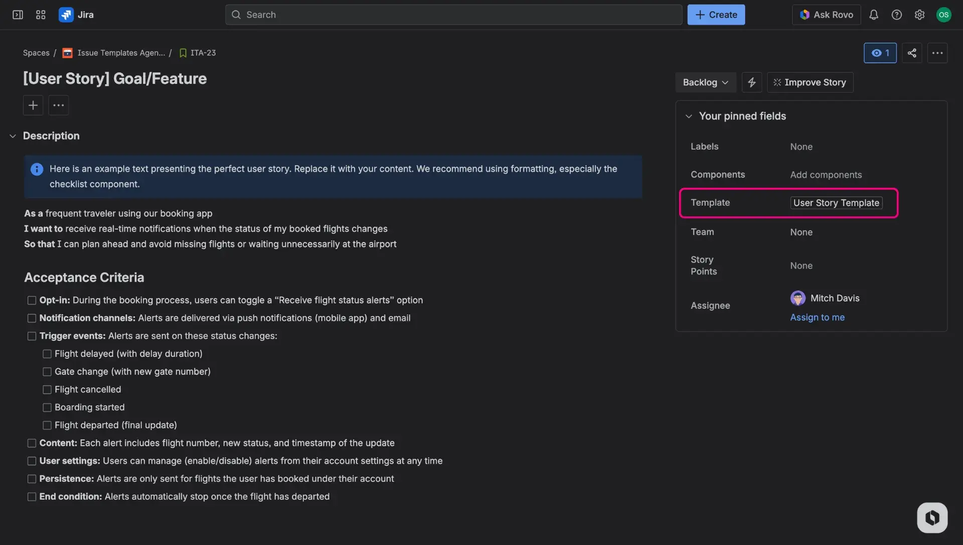 A filled in issue - issue view with a Template field on teh right panel indicating which template has just been used.