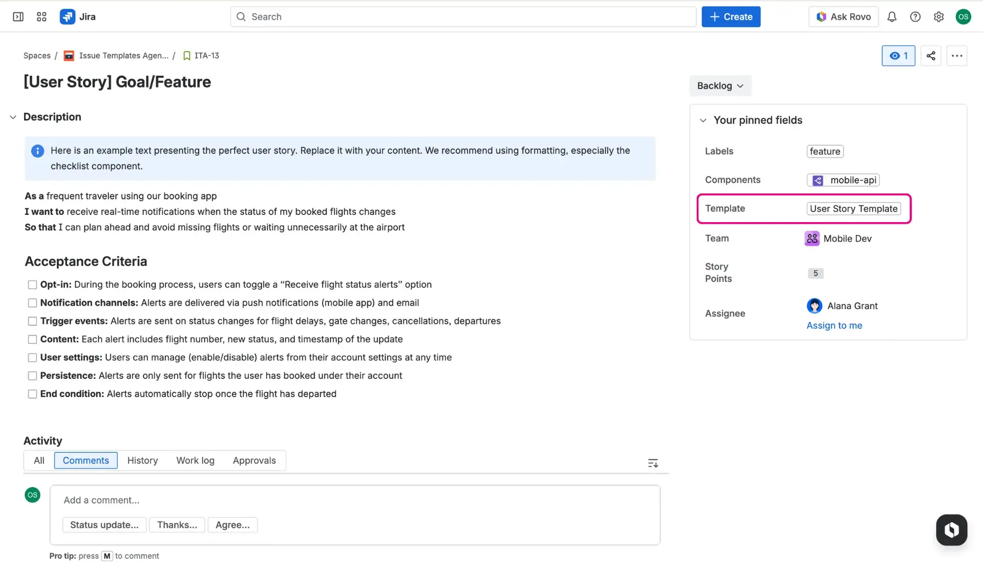 A filled in issue - issue view with a Template field on teh right panel indicating which template has just been used.