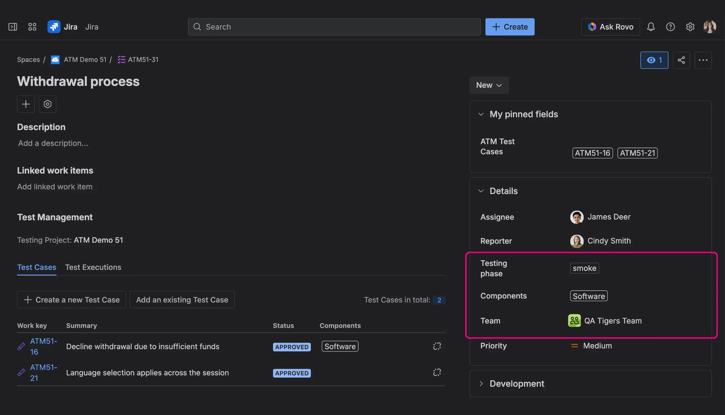 A Jira issue view highlighting native organizational fields such as Components, Team, and a custom Testing Phase field.