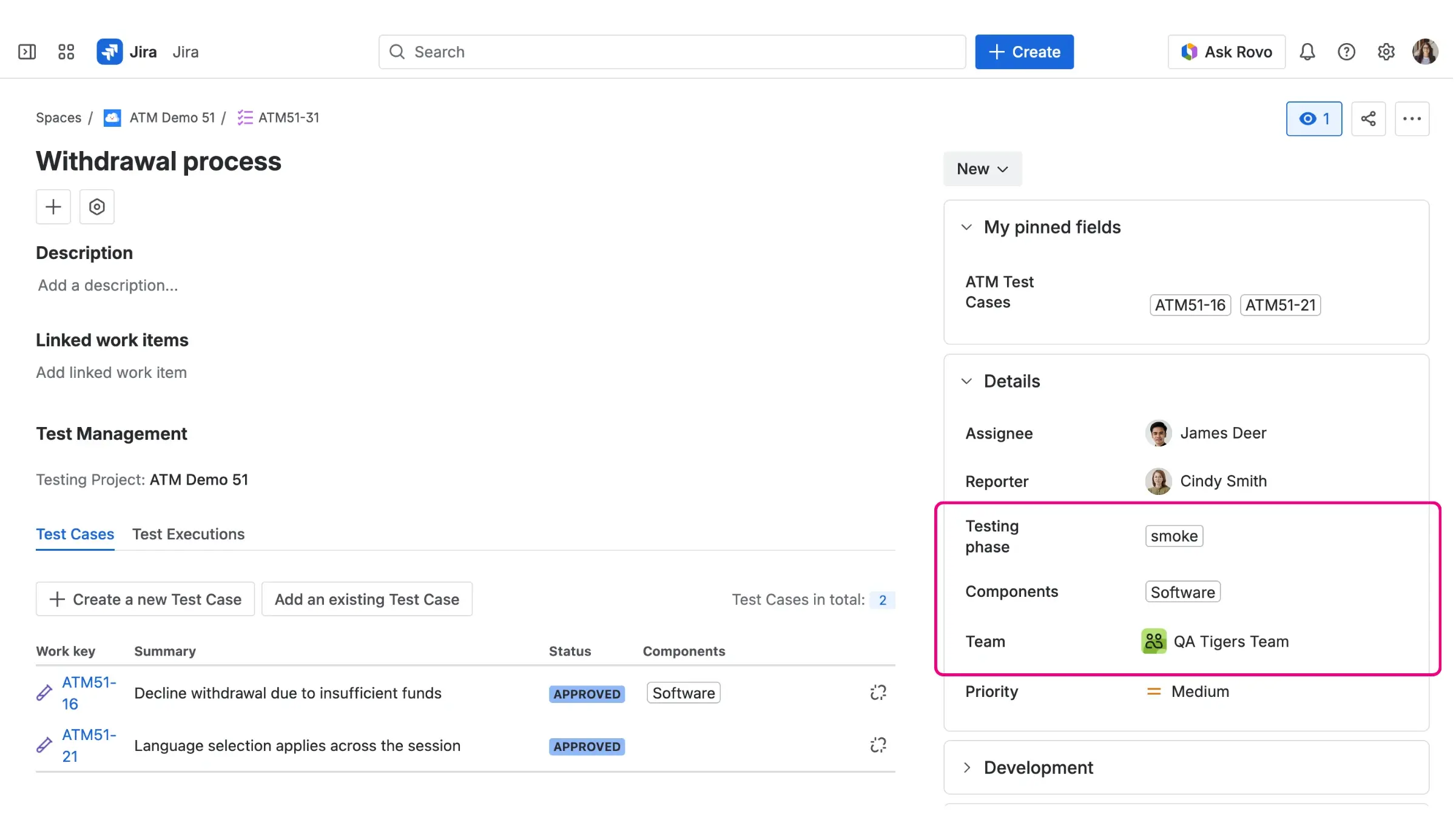 A Jira issue view highlighting native organizational fields such as Components, Team, and a custom Testing Phase field.