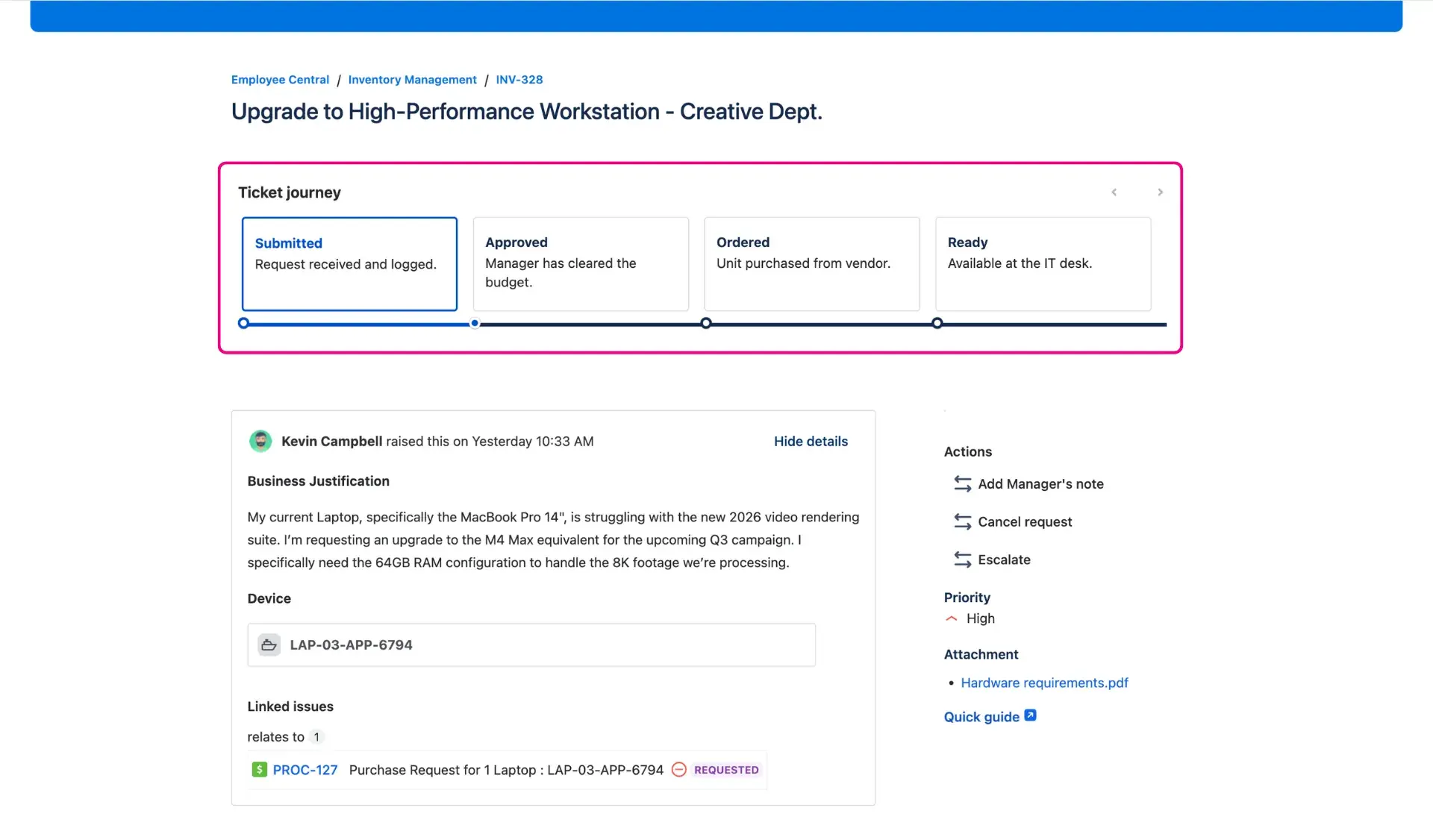 Image of the Ticket journey visible on customer portal, request details view - the horizontal position.