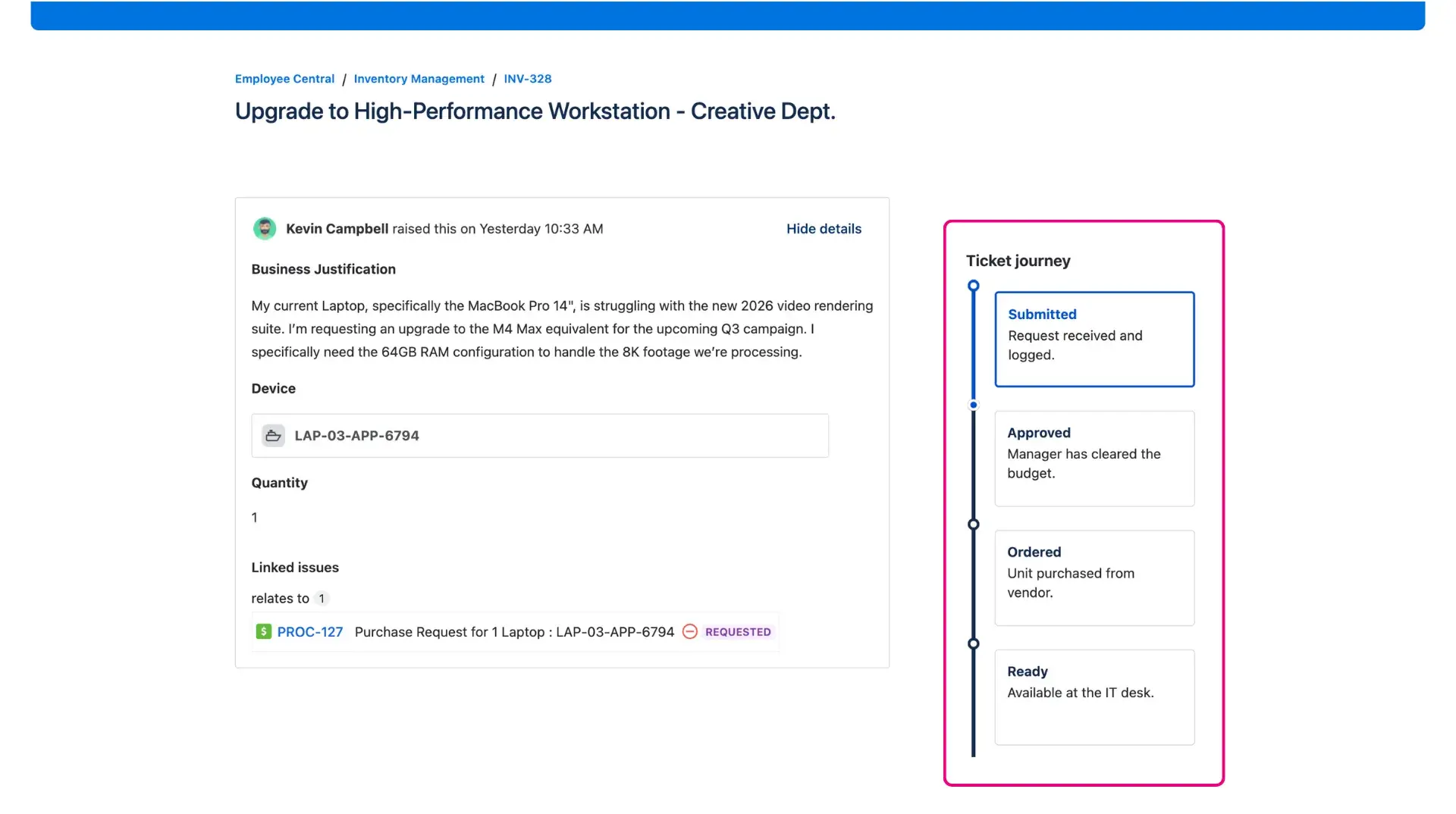 Image of the Ticket journey visible on customer portal, request details view - the vertical position.