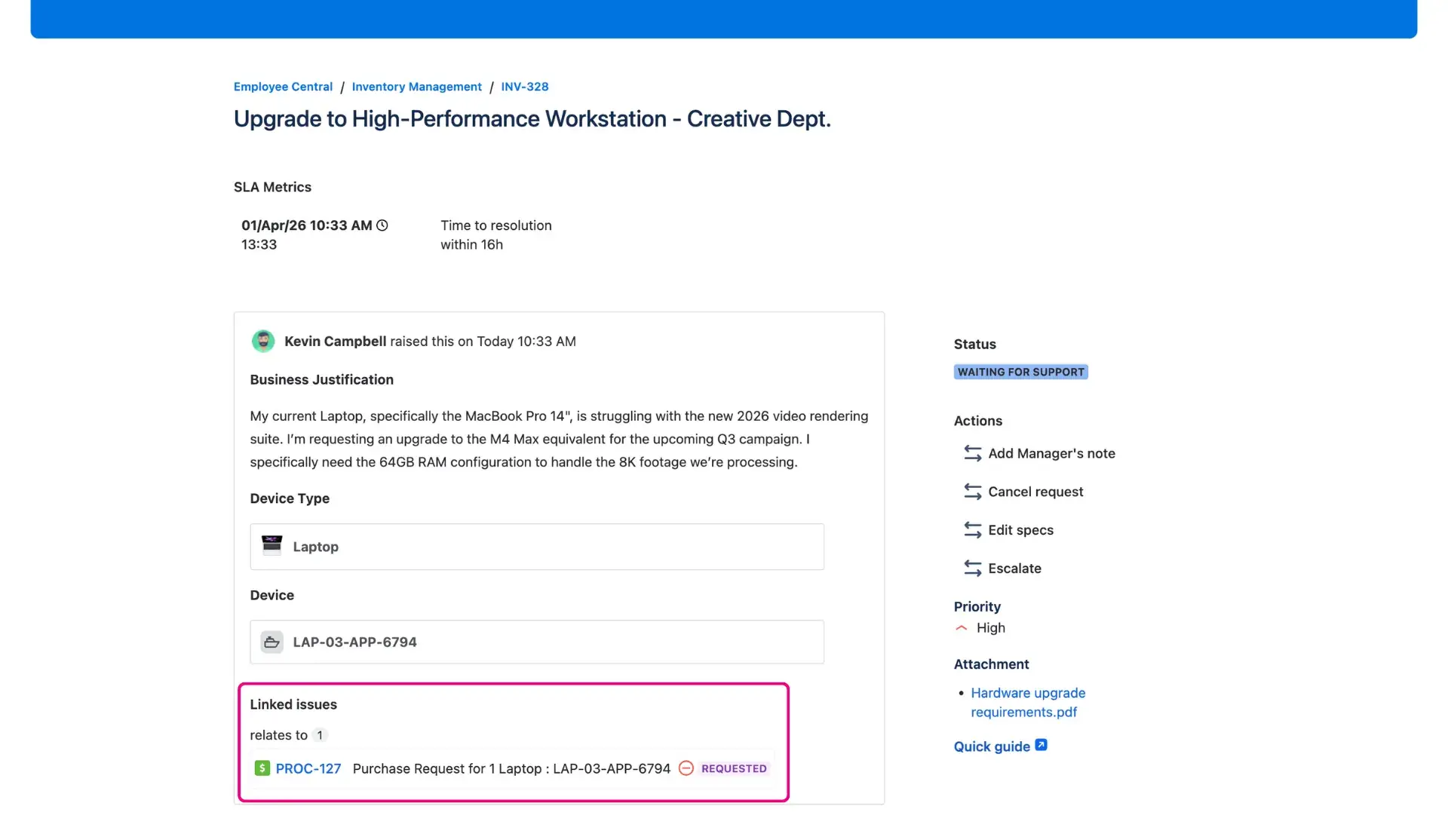The configured Additional fields panel on the Jira Service Management customer portal - request details view. The Linked issues field of the panel is highlighted.