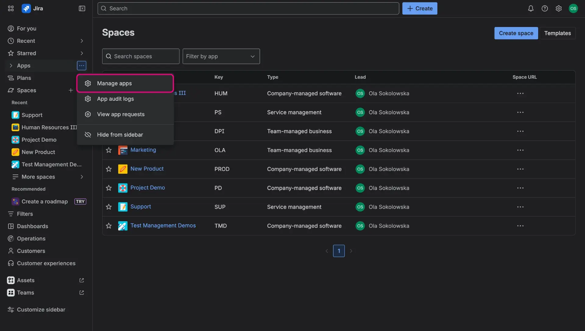Accessing the Manage apps button (highlighted) in Jira through Apps and More options menu (the three dots).