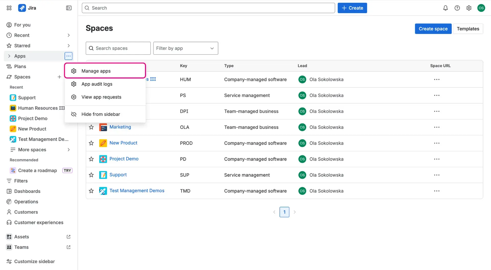 Accessing the Manage apps button (highlighted) in Jira through Apps and More options menu (the three dots).