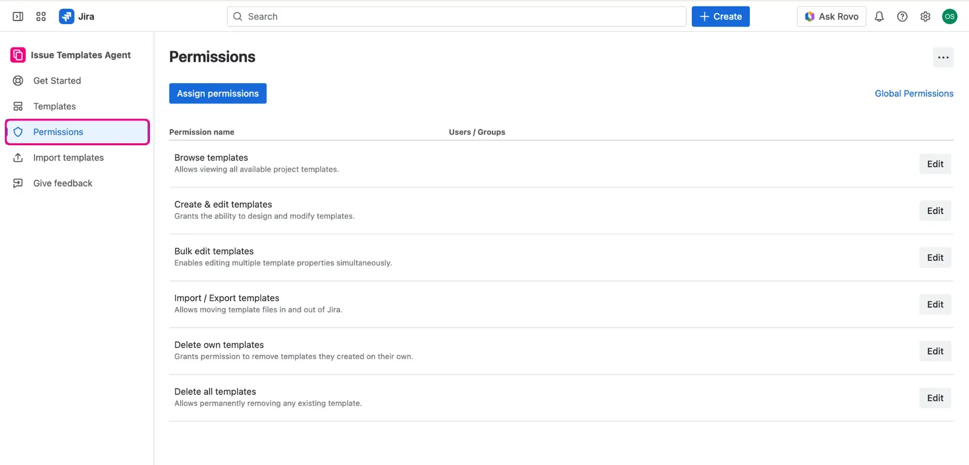 Permissions page in Jira Issue Templates Agent.