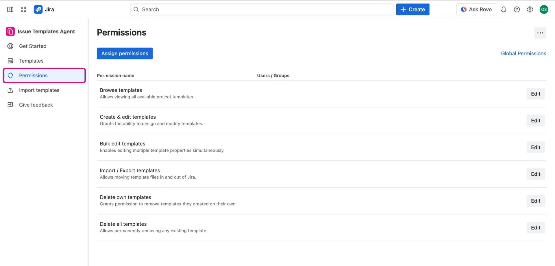 Permissions page in Jira Issue Templates Agent.
