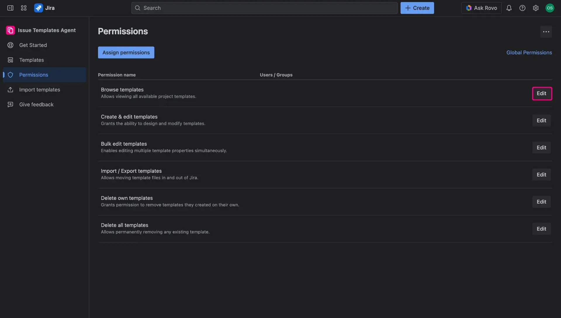 Permissions page in Jira Issue Templates Agent - Edit permissions button highlighted, right next to every permission listed.