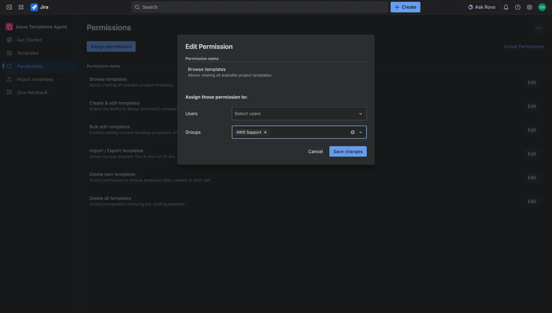 Edit permissions in Jira Issue Templates Agent dialog window with the granular permission described and a user group or users to be selected by the administrator through the dropdown menus.