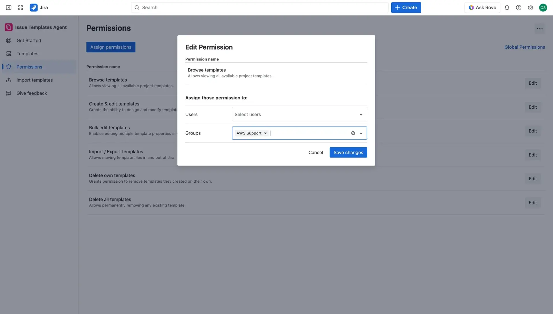 Edit permissions in Jira Issue Templates Agent dialog window with the granular permission described and a user group or users to be selected by the administrator through the dropdown menus.