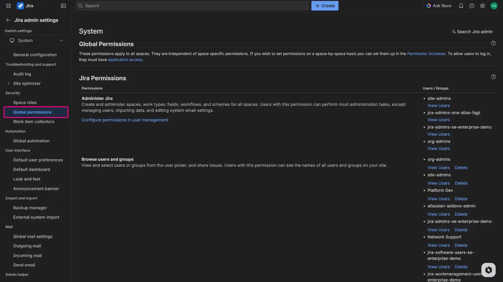 Global permissions page in Jira settings.