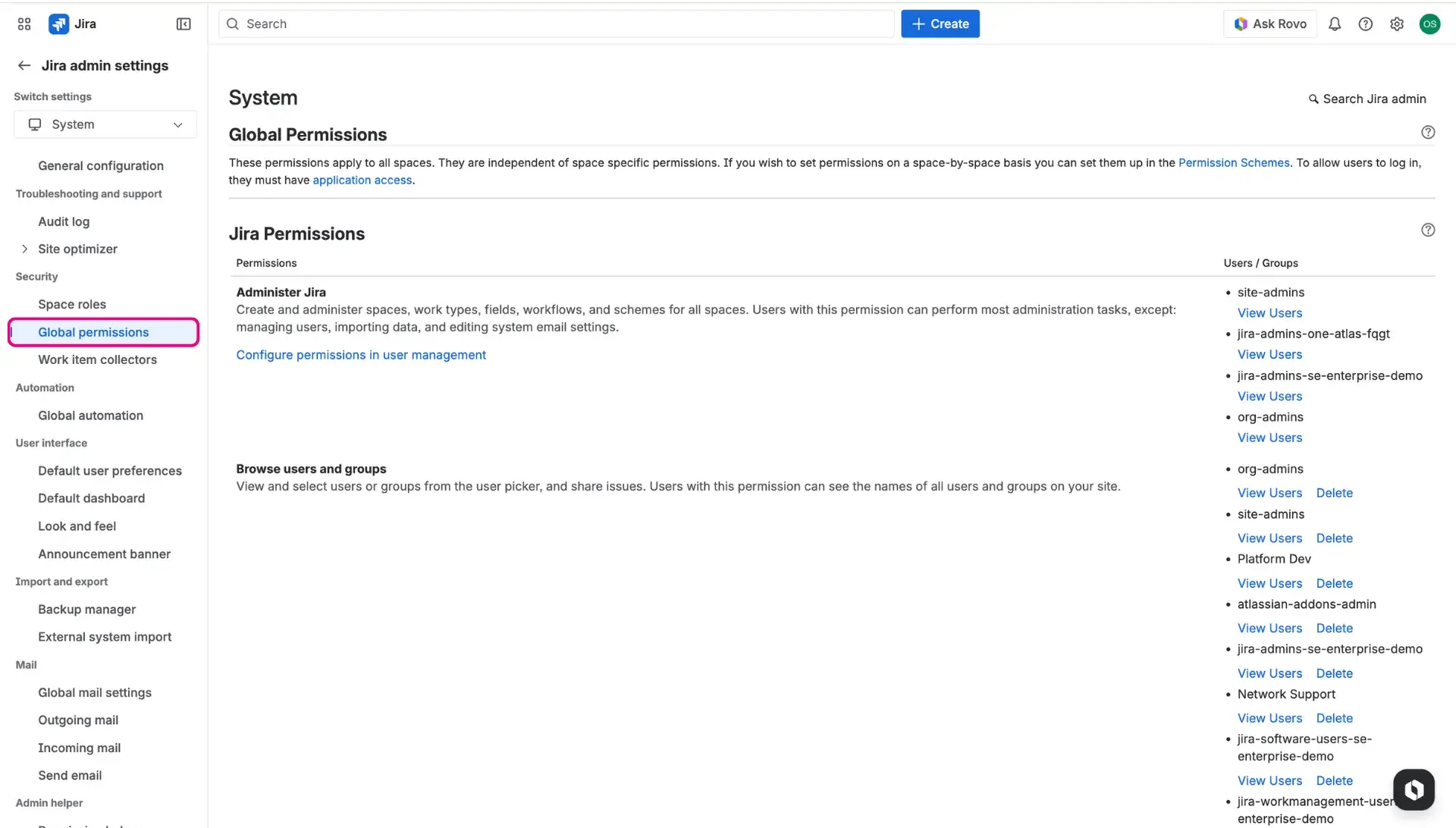 Global permissions page in Jira settings.