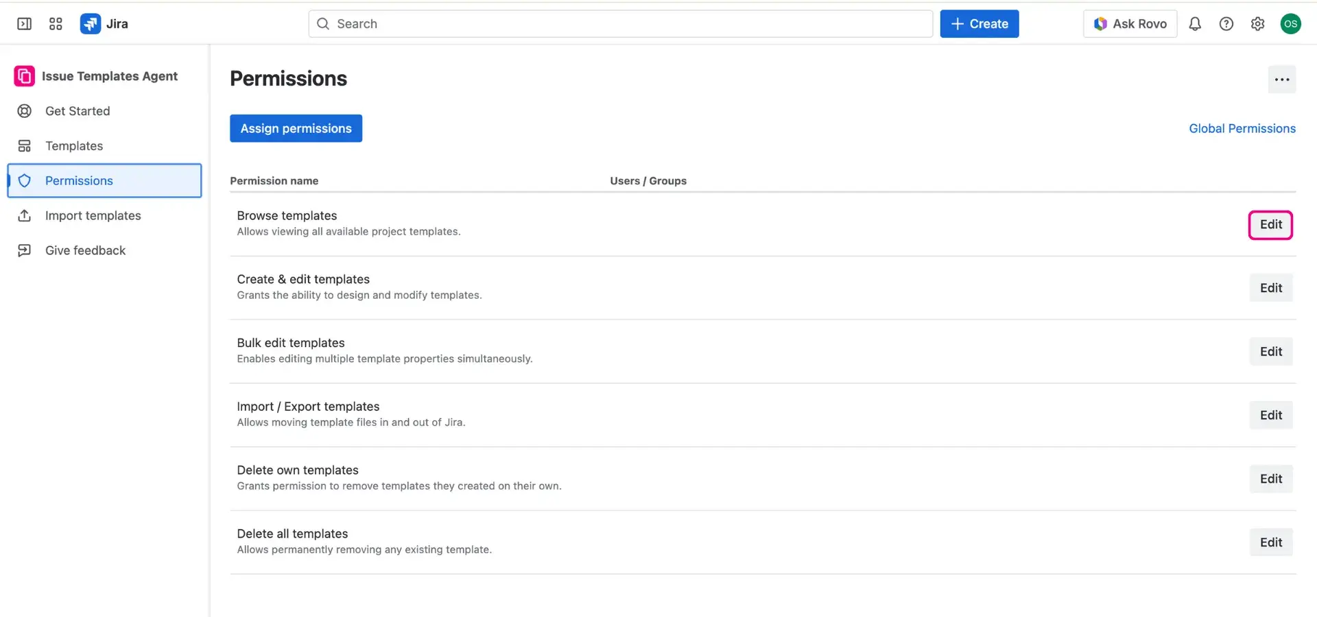 Permissions page in Jira Issue Templates Agent - Edit permissions button highlighted, right next to every permission listed.