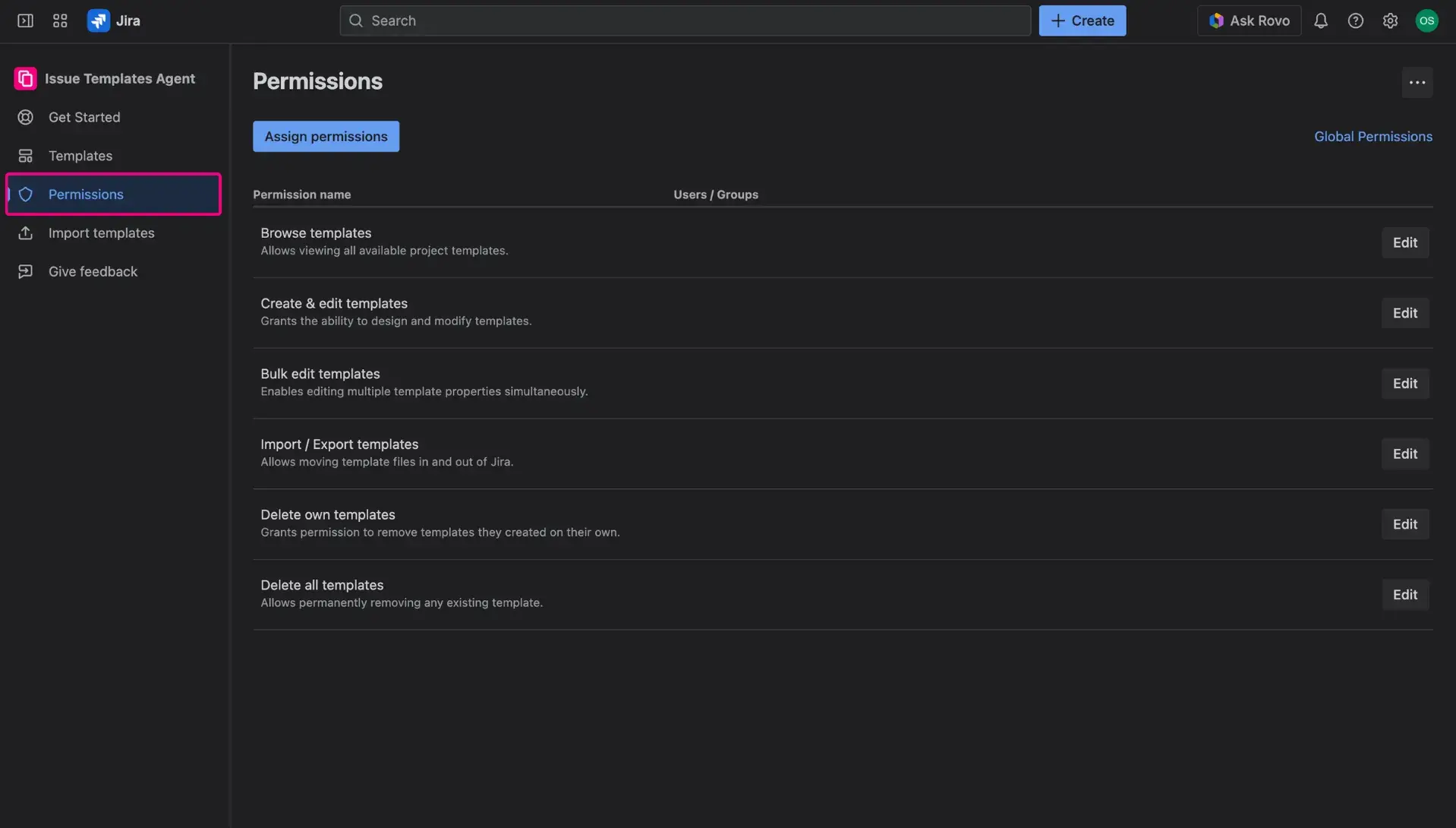 Permissions page in Jira Issue Templates Agent.
