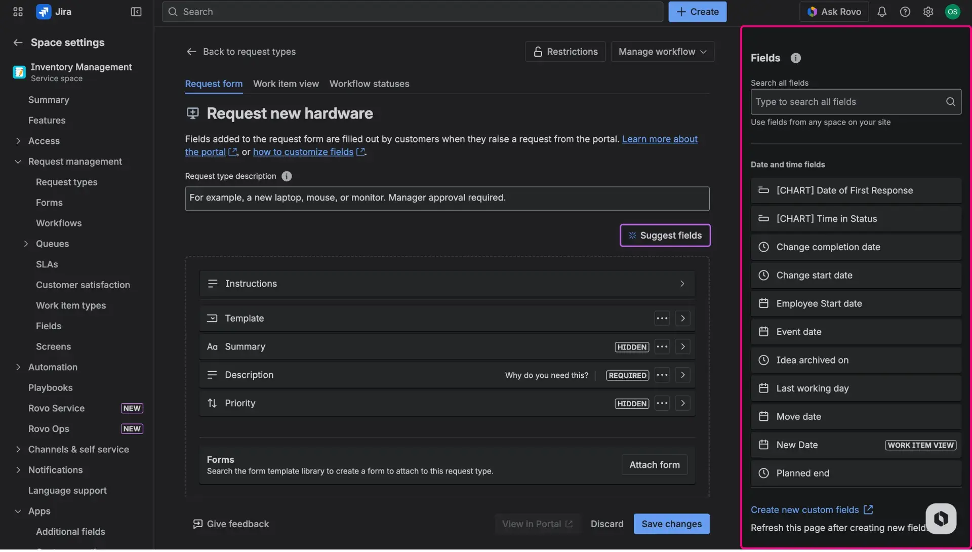 Editing request form - adding the template field for making Jira issue templates available on Customer Portal.