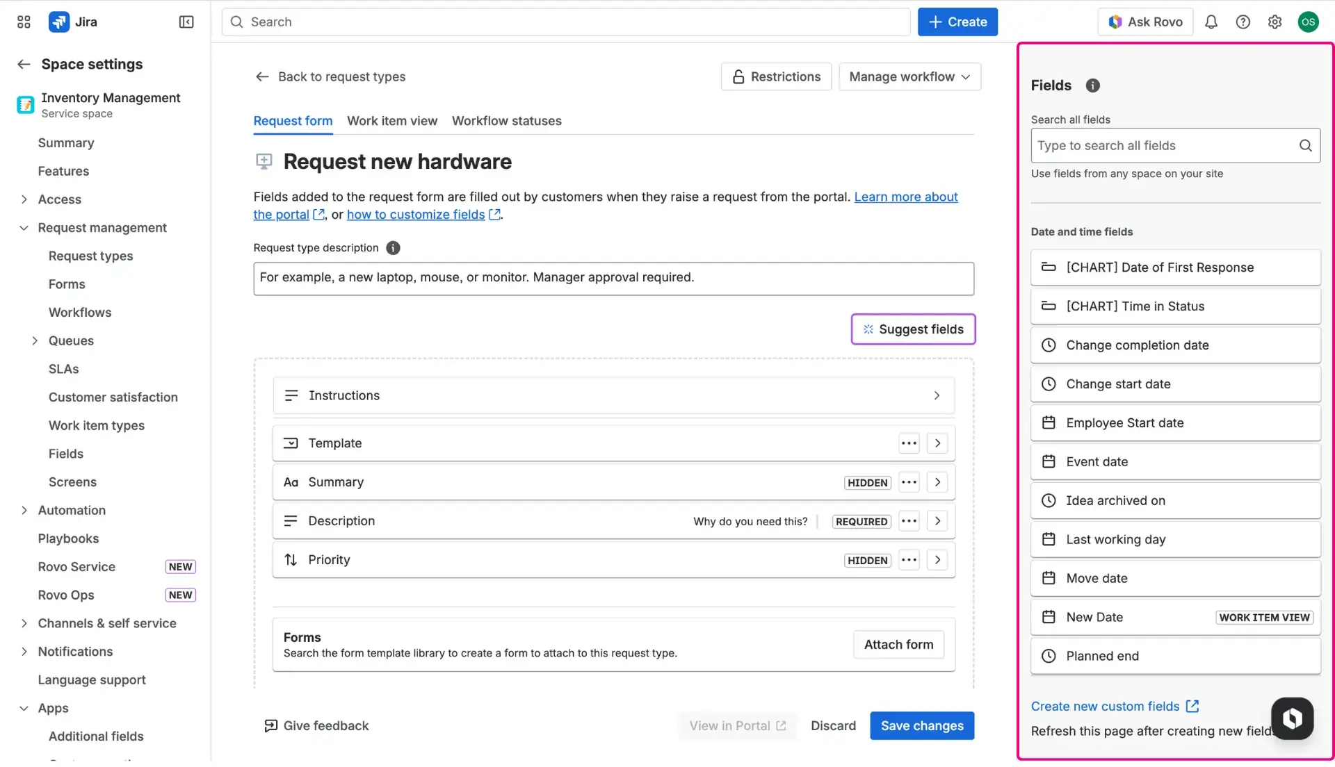 Editing request form - adding the template field for making Jira issue templates available on Customer Portal.