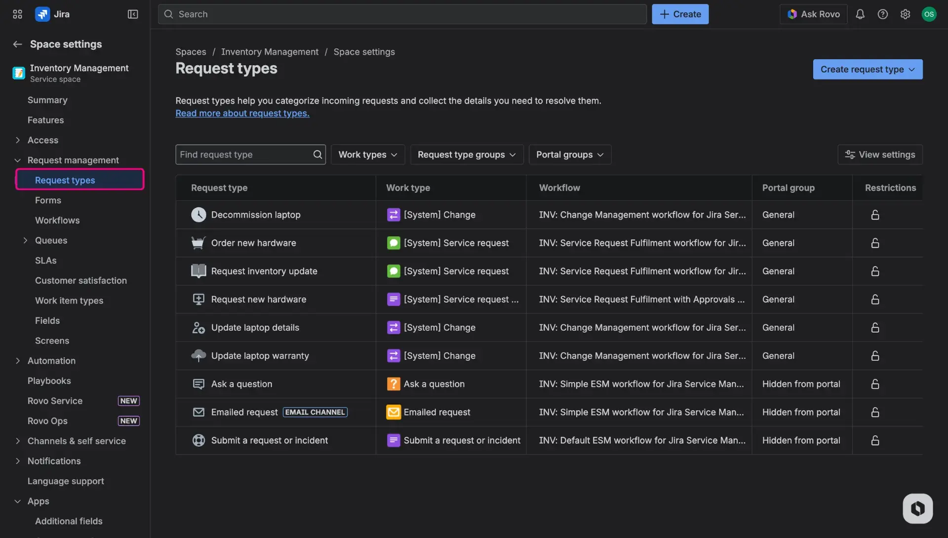Editing request forms - request types screen in Jira Service Management project settings.