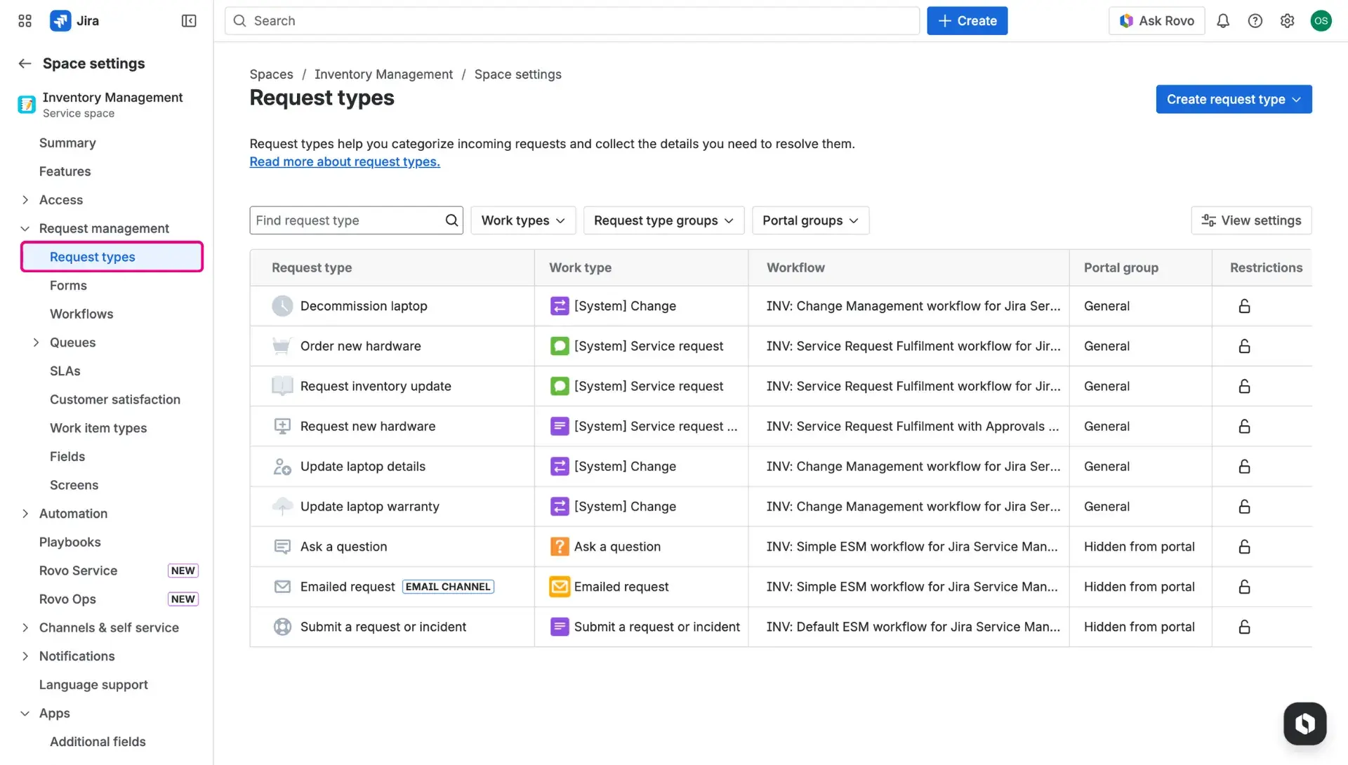 Editing request forms - request types screen in Jira Service Management project settings.