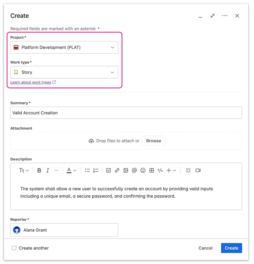 Jira requirements management module interface showing a folder structure for organizing project documentation and a list of linked Jira issues.