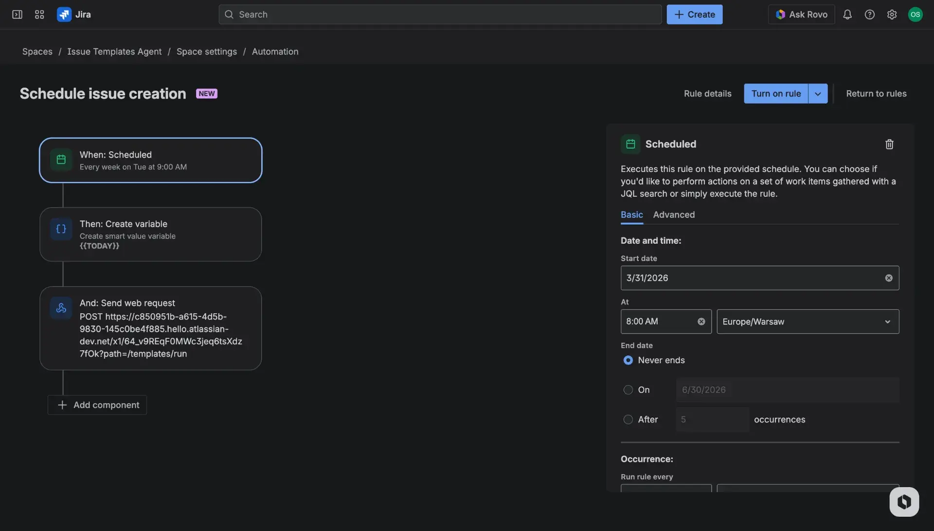 Jira automation rule builder with an example use case described - focus on the Scheduled trigger.