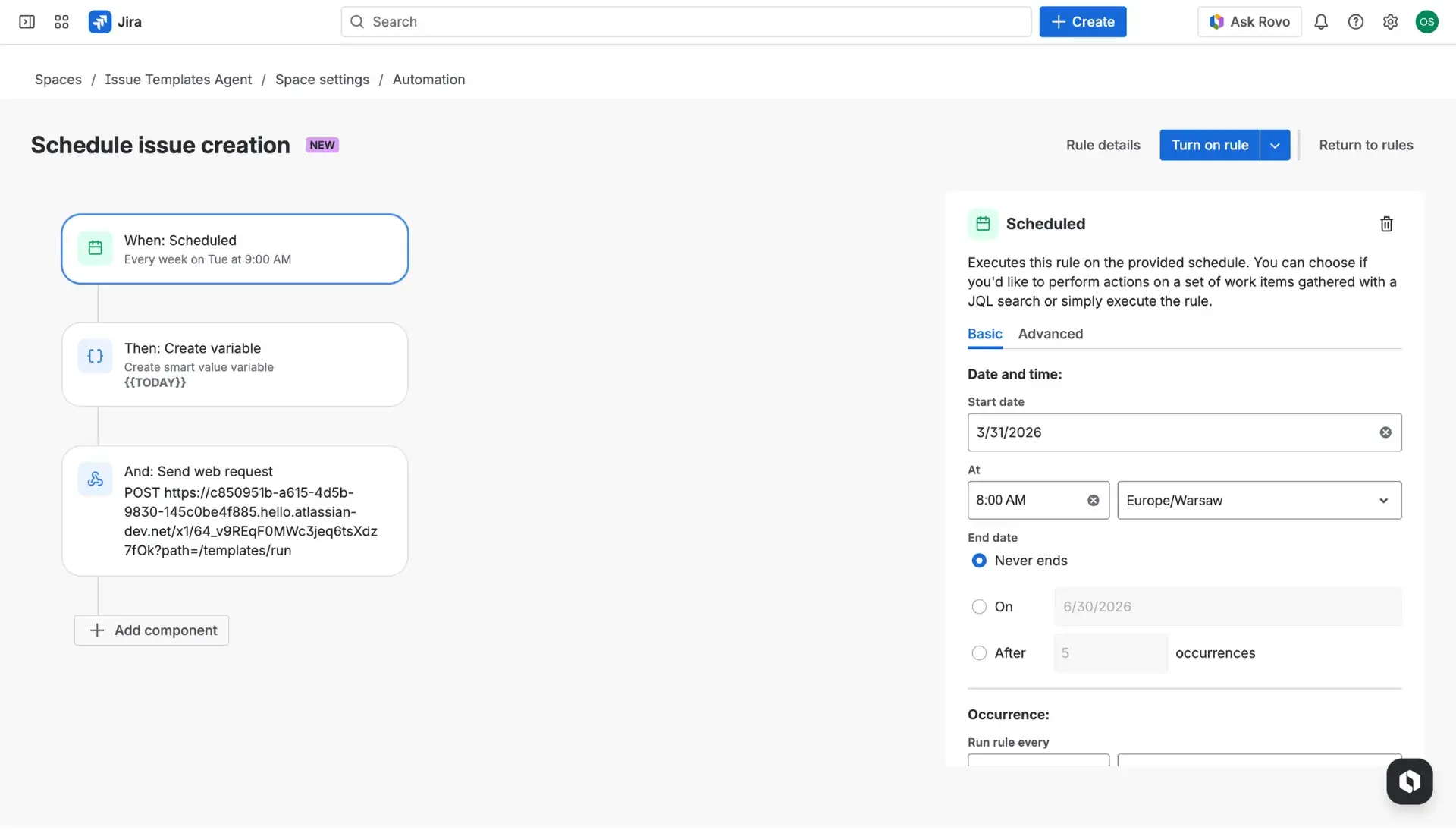 Jira automation rule builder with an example use case described - focus on the Scheduled trigger.