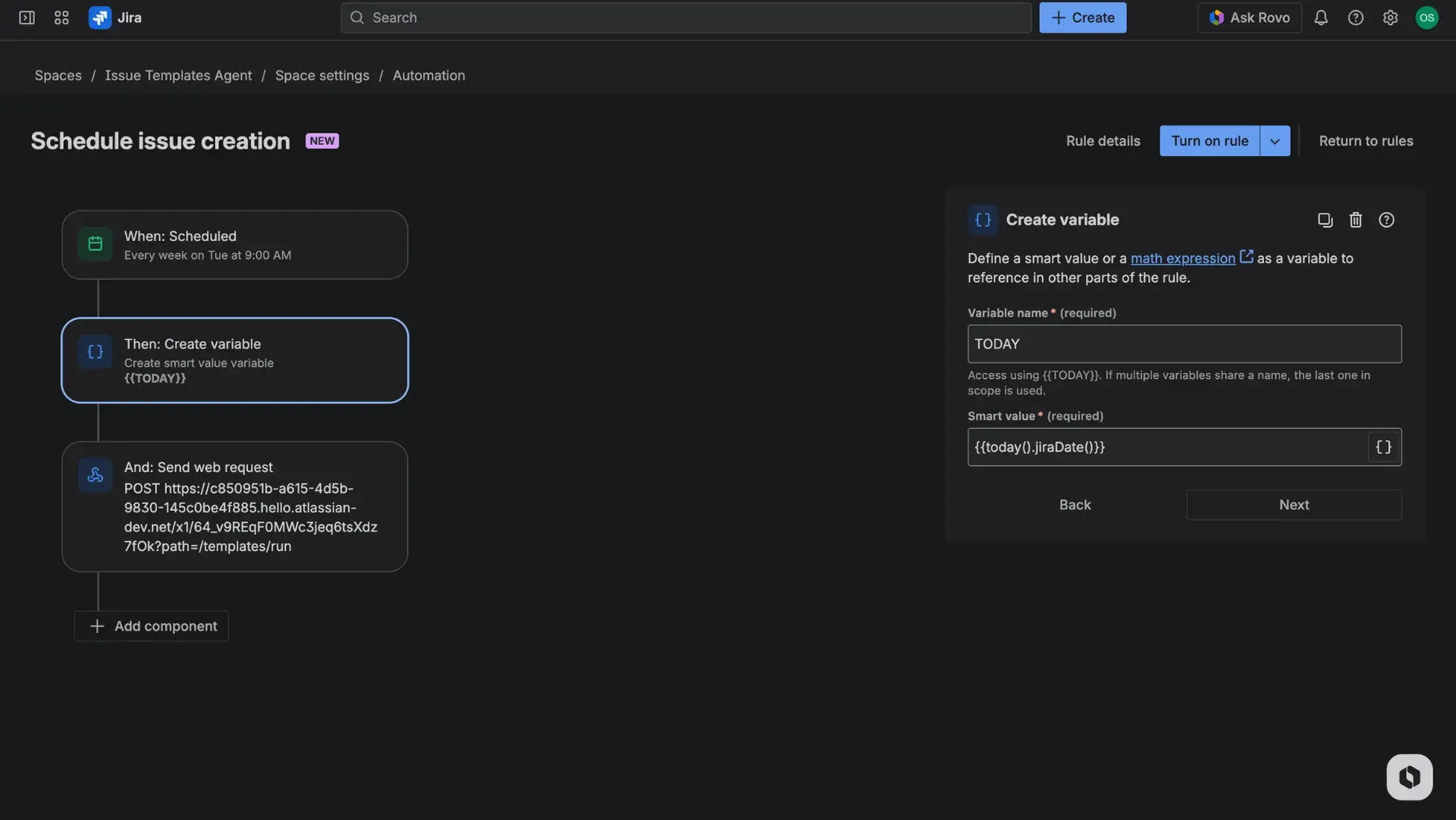 Jira automation rule builder with an example use case described - focus on the Create variable action.