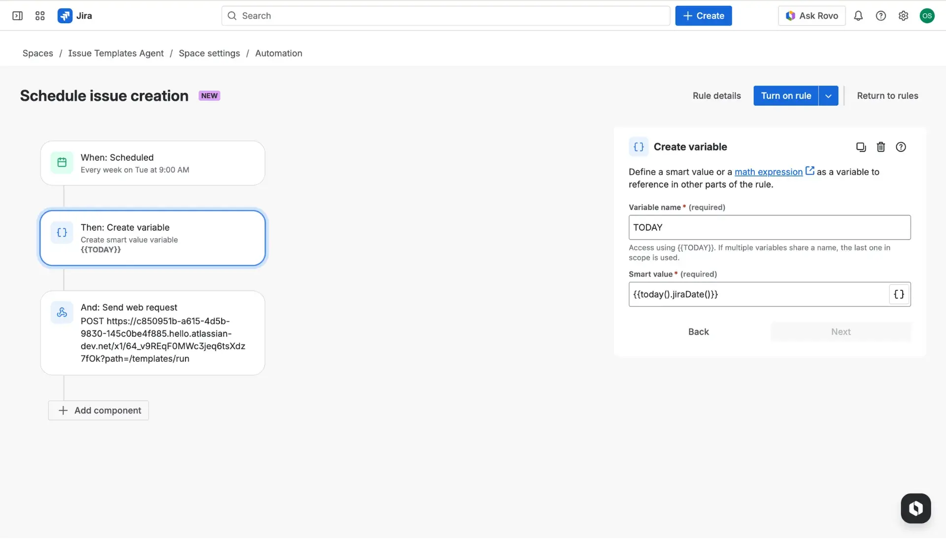 Jira automation rule builder with an example use case described - focus on the Create variable action.
