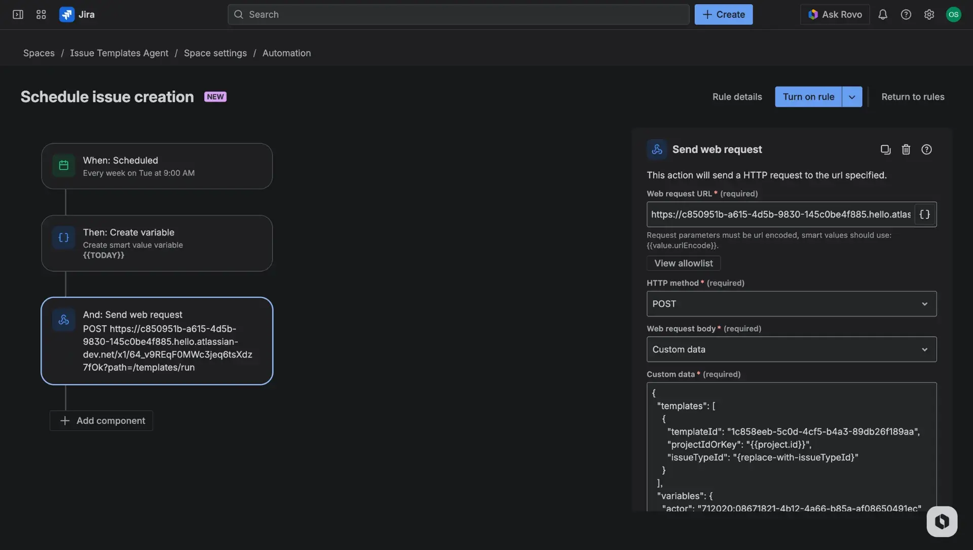 Jira automation rule builder with an example use case described - focus on the Send web request action.