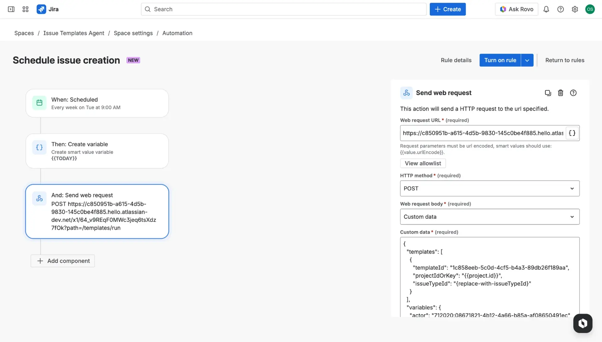 Jira automation rule builder with an example use case described - focus on the Send web request action.