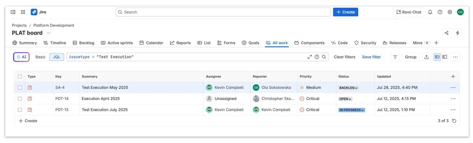 Advanced Jira testing search interface using JQL to filter and locate specific items within Jira test case management tool