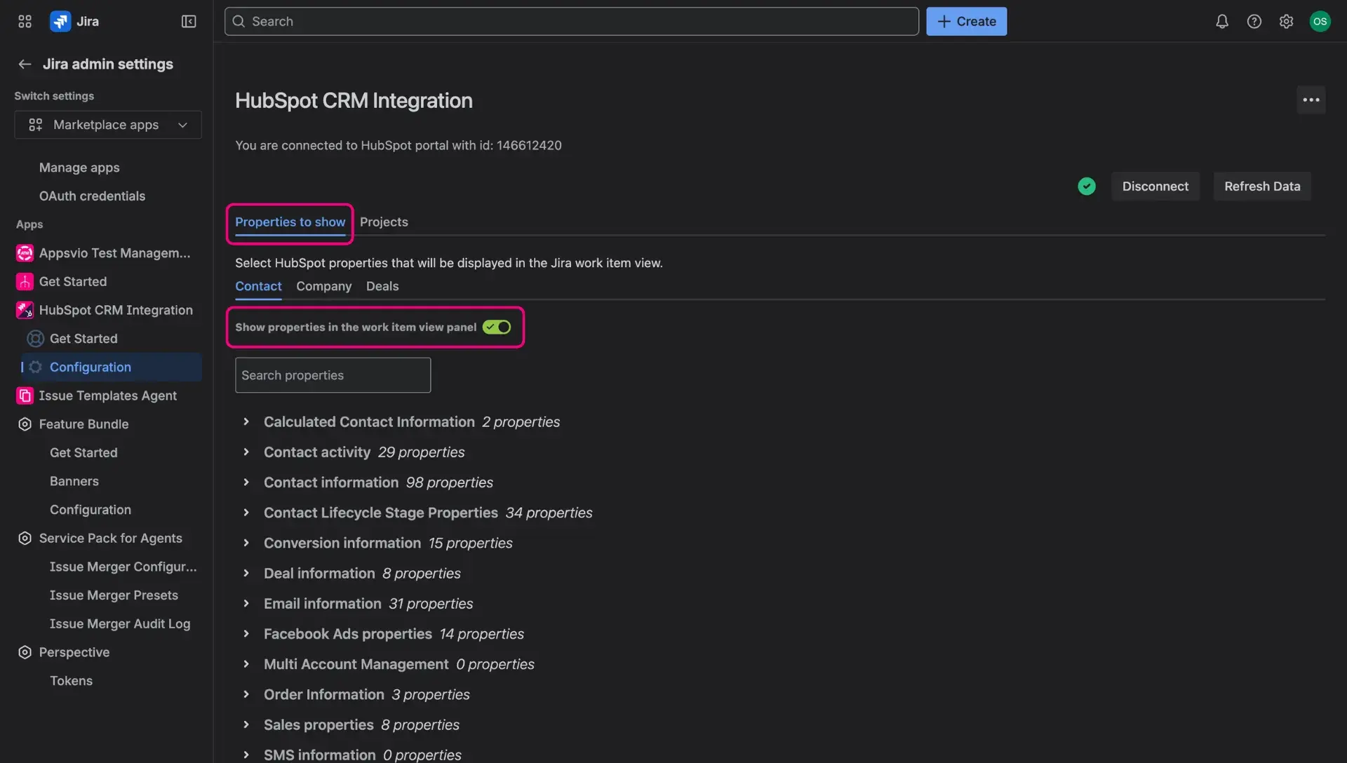 Configuration of the HubSpot CRM Panel - users decide which properties regarding the specific objects should be displayed.
