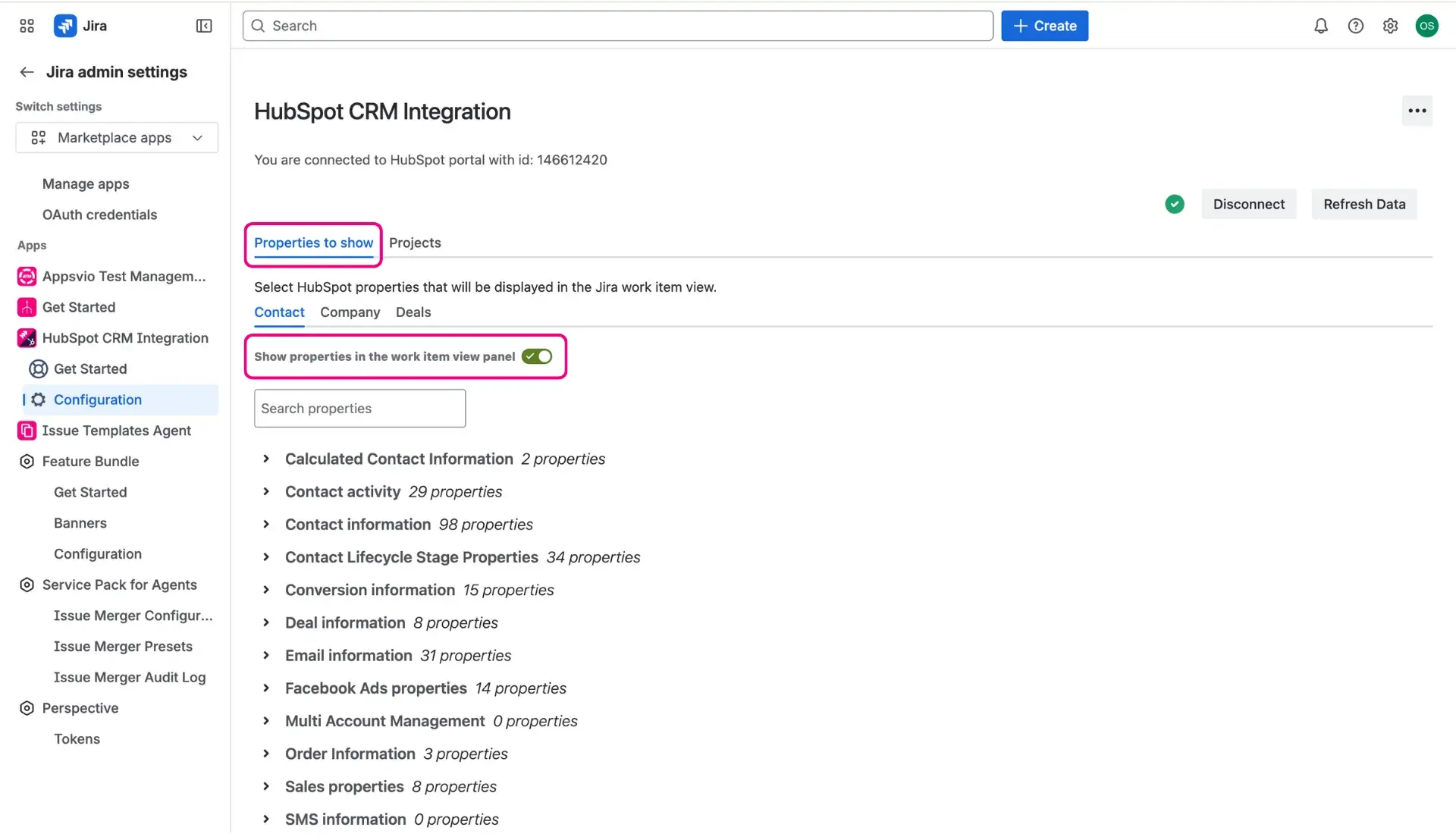 Configuration of the HubSpot CRM Panel - users decide which properties regarding the specific objects should be displayed.