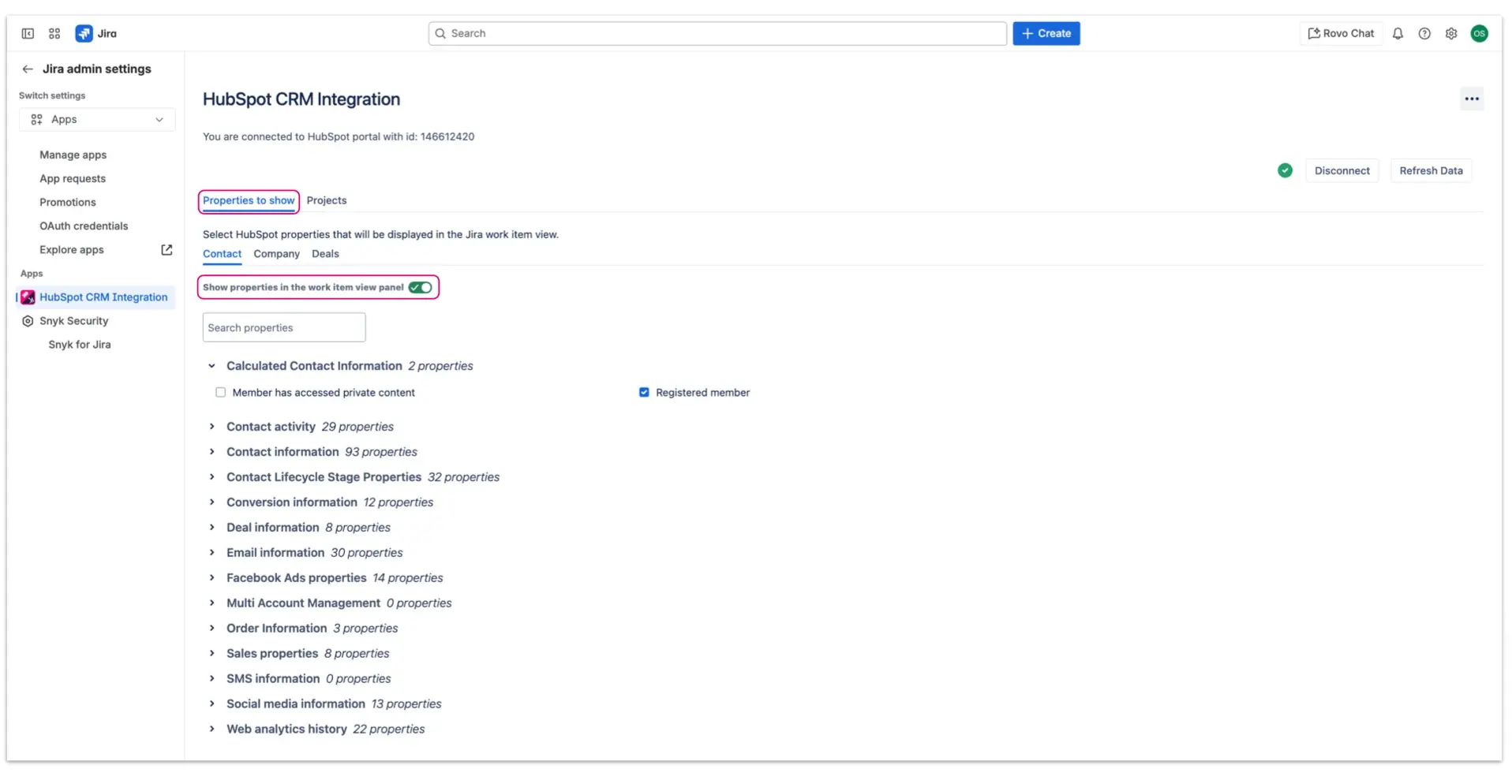 Configuration of the HubSpot CRM Panel - users decide which properties regarding the specific objects should be displayed