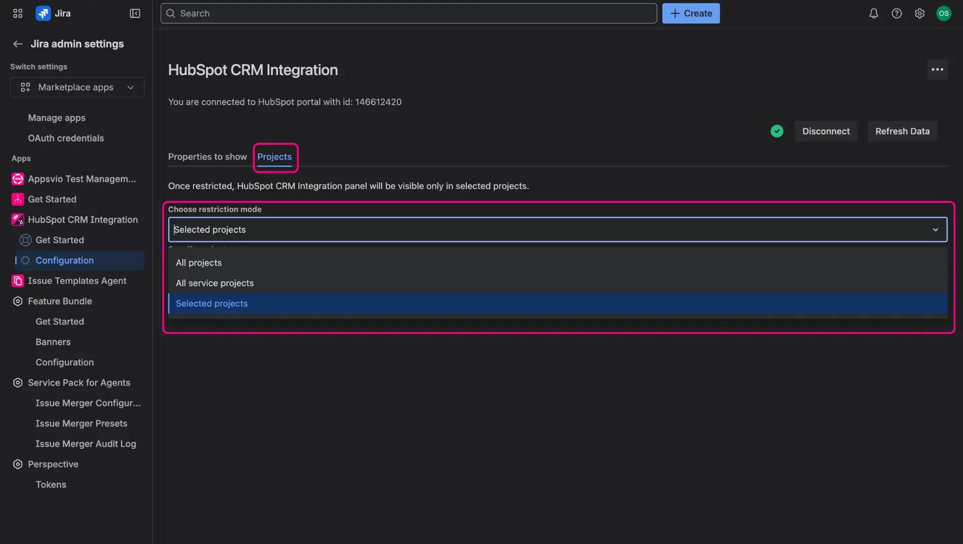 HubSpot CRM panel restriction to specific projects - this option is available in the same space as the Properties section.