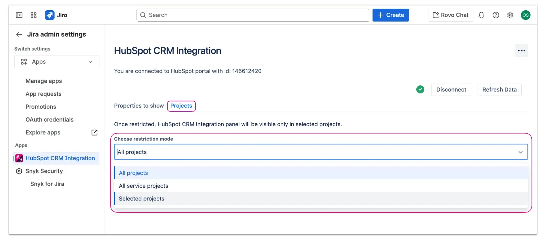 HubSpot CRM panel restriction to specific projects - this option is available in the same space as the Properties section.
