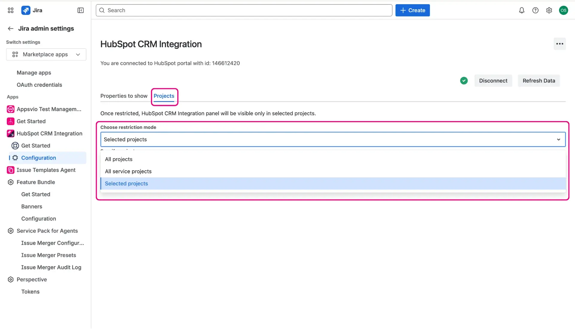 HubSpot CRM panel restriction to specific projects - this option is available in the same space as the Properties section.