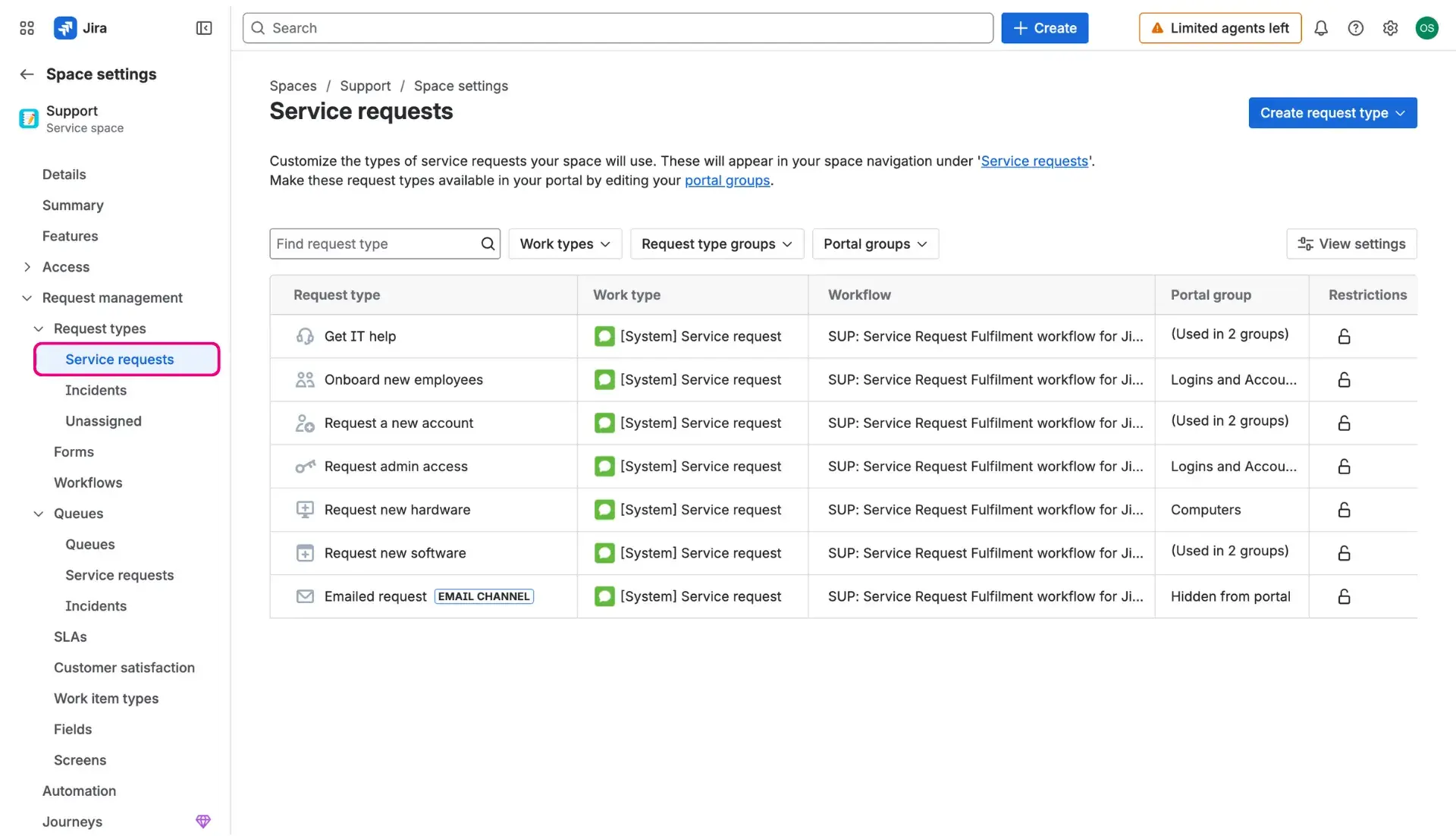 Request types in Jira Service Management projects - screenshot of the page. A step alog the way to configuring the HubSpot Jira integration on Customer Portal.