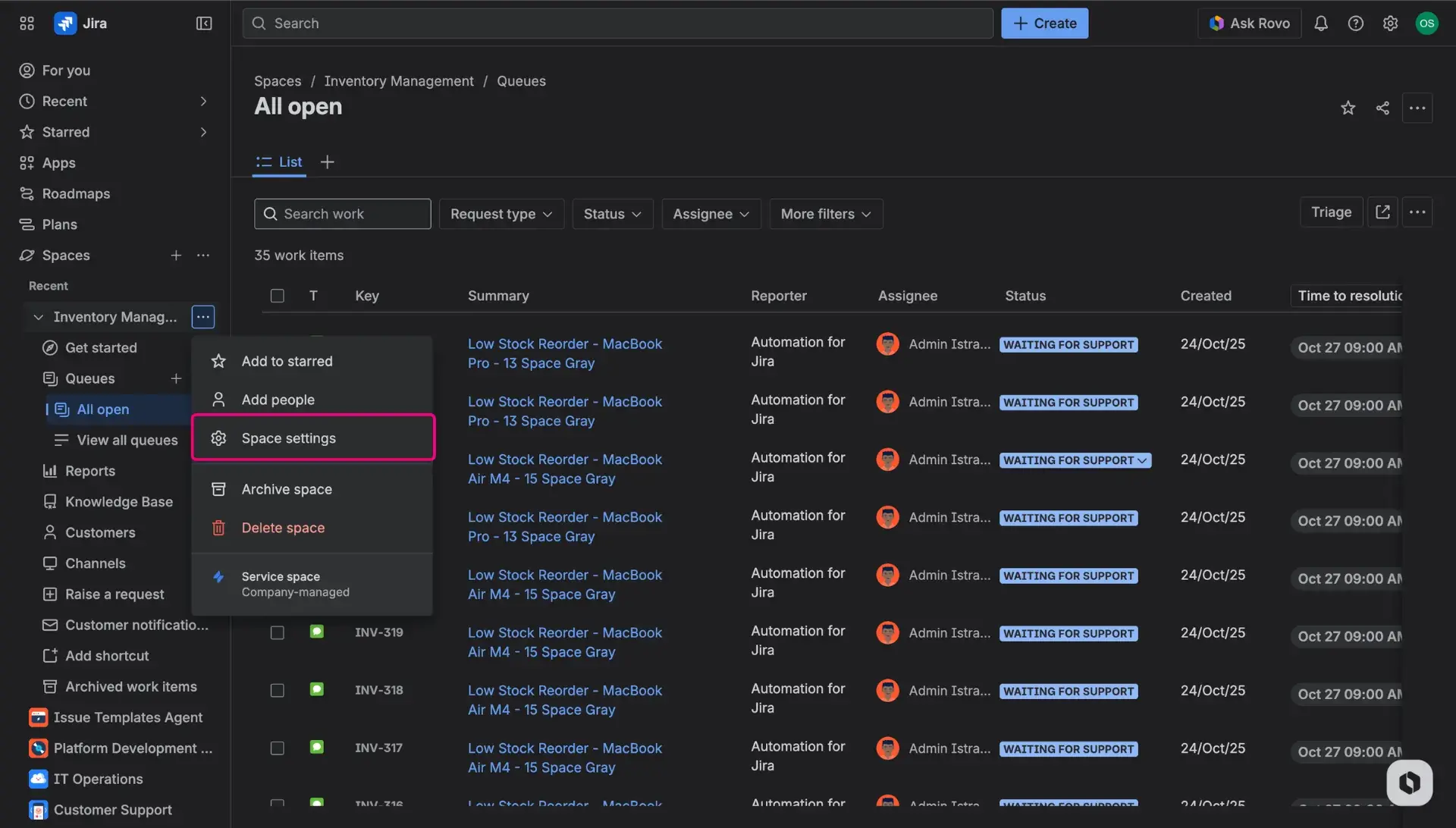 Space settings - accessing settings of the service project in Jira Service Management
