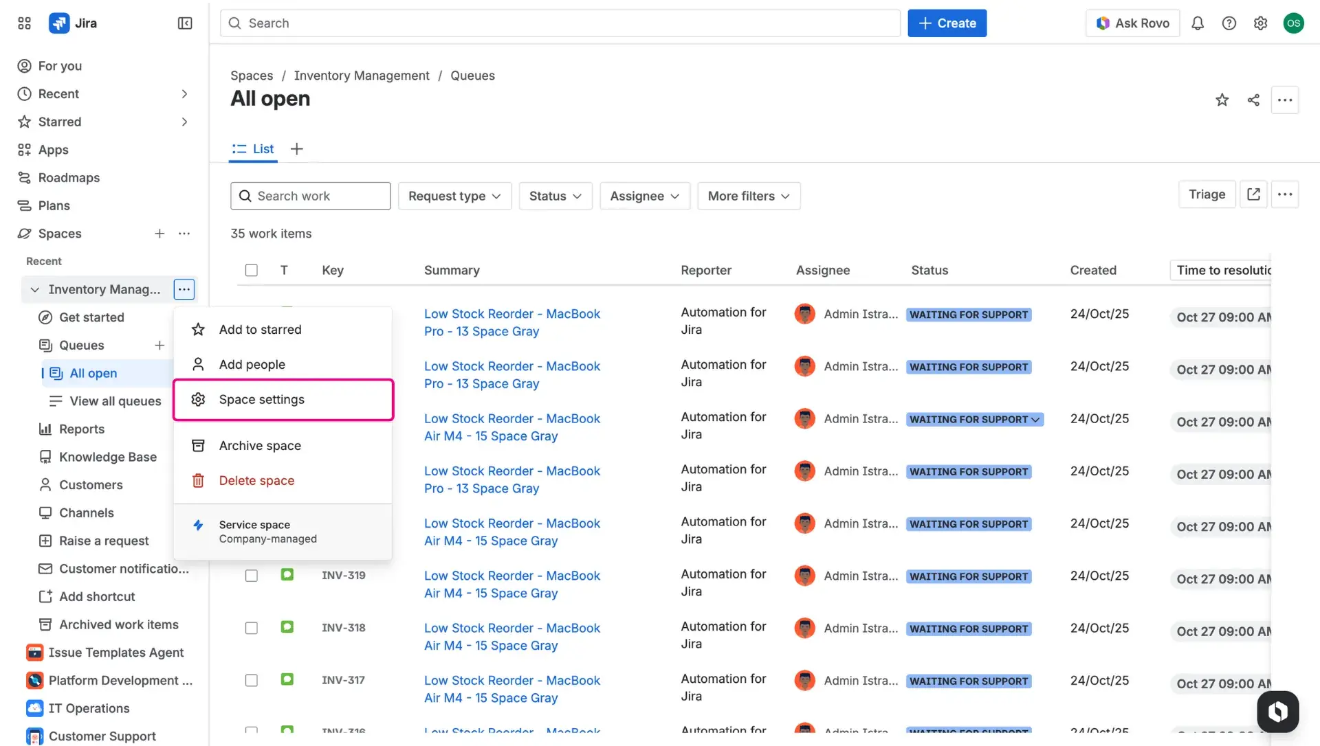 Space settings - accessing settings of the service project in Jira Service Management