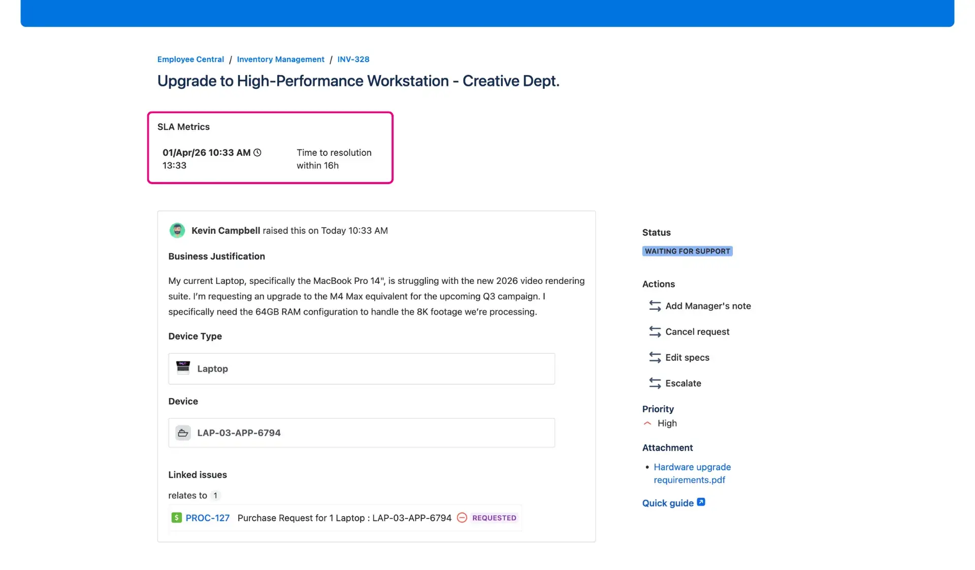 The configured Additional fields panel on the Jira Service Management customer portal - request details view. The SLA metrics field of the panel is highlighted.