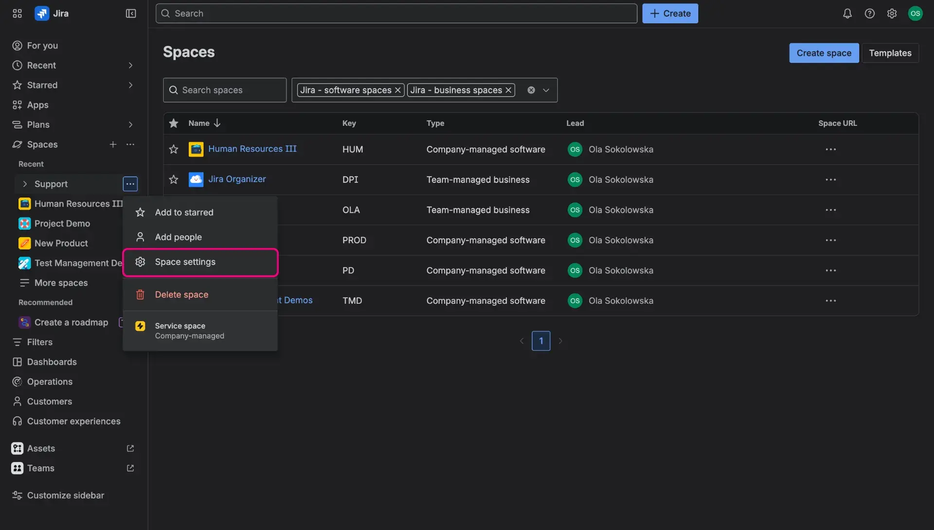 Accessing HubSpot-Jira integration through the Space settings button - screenshot of Jira with the button highlighted.