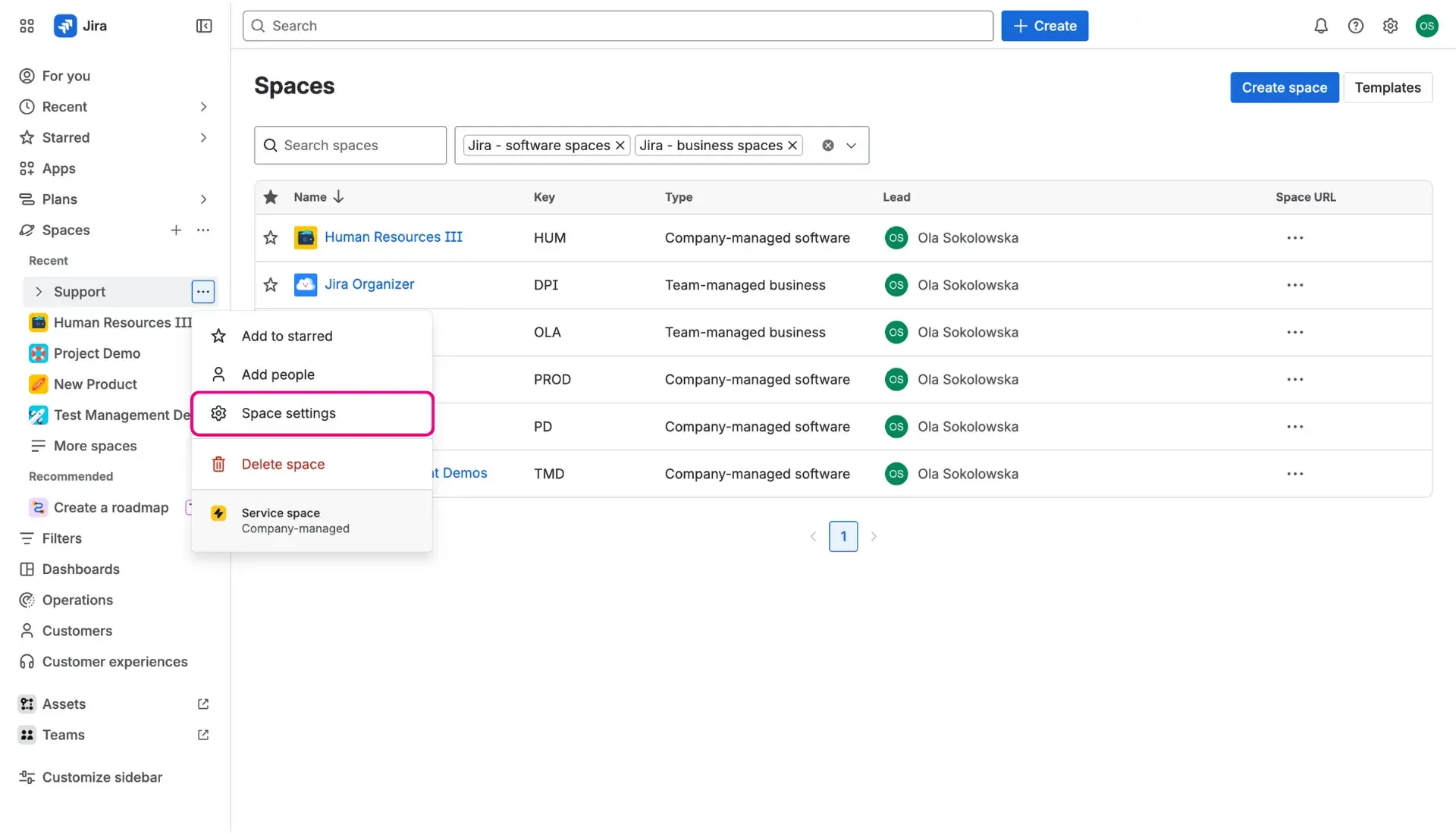 Accessing HubSpot-Jira integration through the Space settings button - screenshot of Jira with the button highlighted.