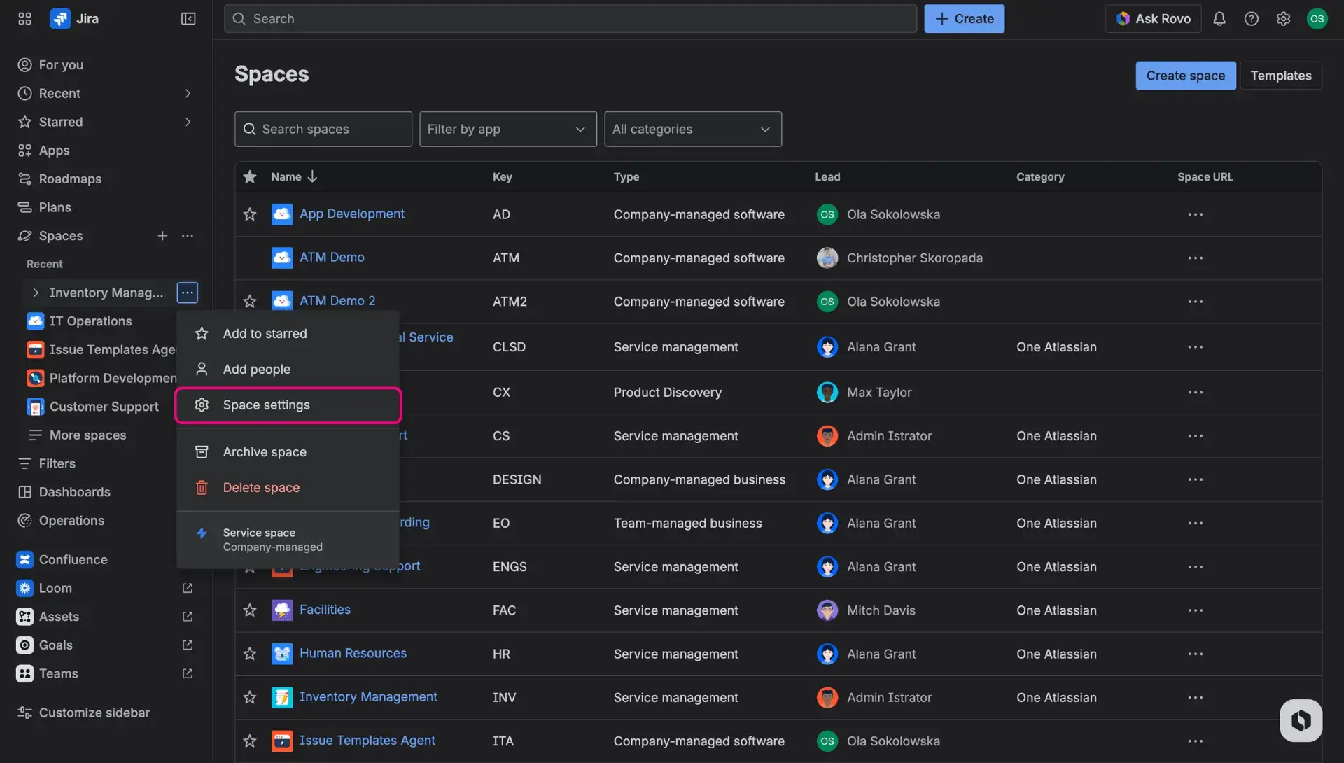 Space settings button of a selected service project - the button is highlighted on the screenshot.