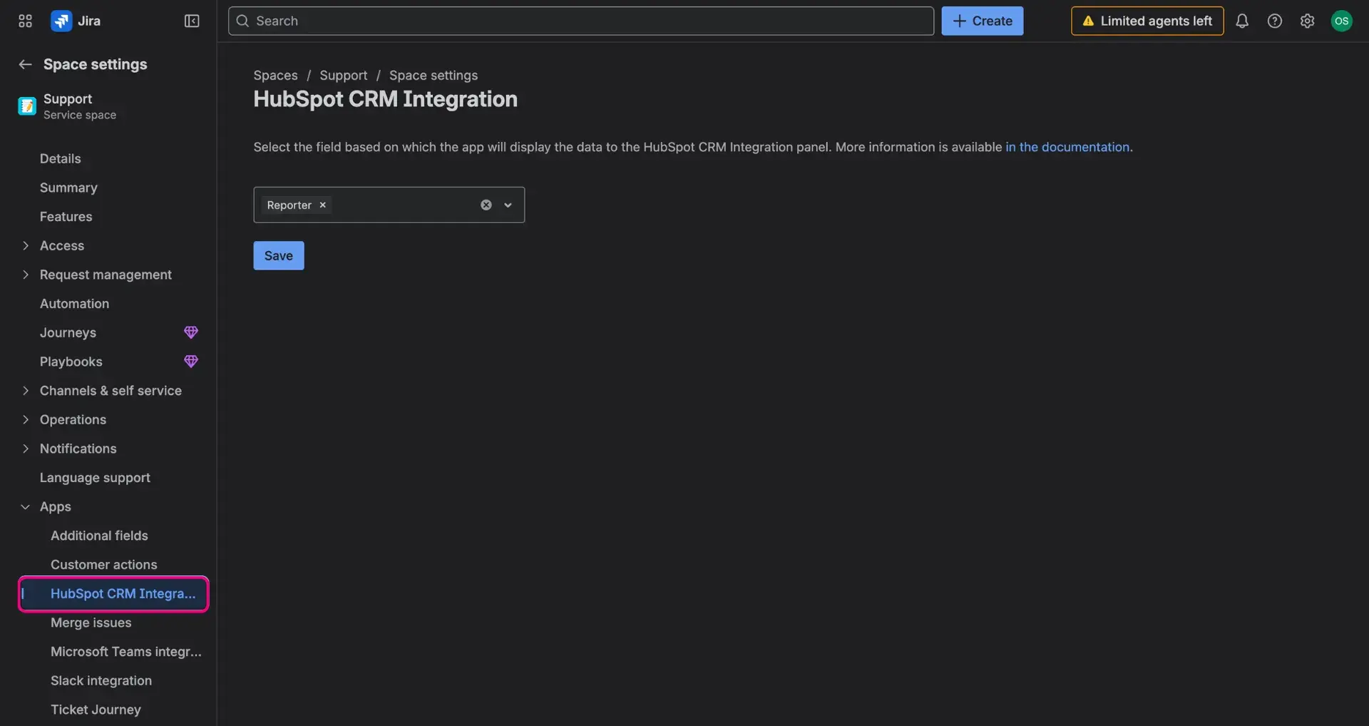 Configuration of the data displayed in the HubSpot panel in the Jira work items. Users can select from the options available within the dropdown menu.