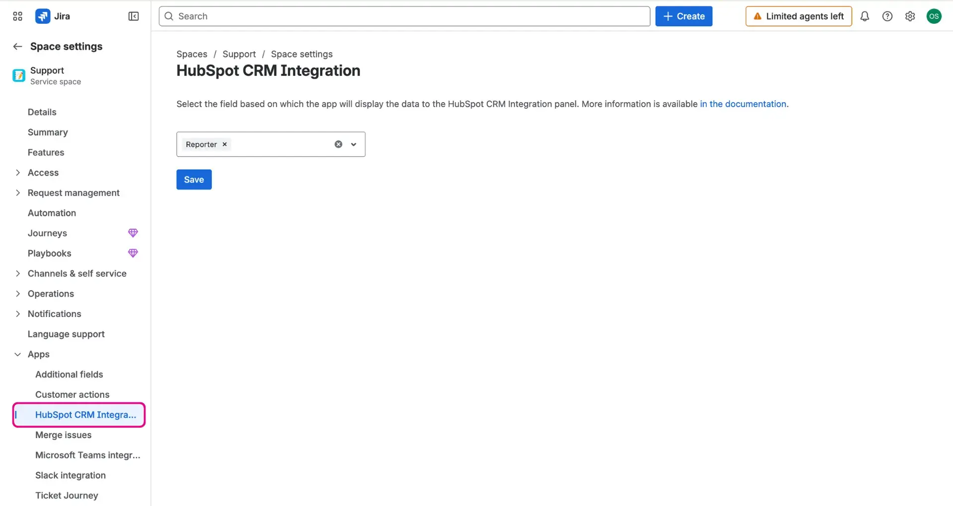 Configuration of the data displayed in the HubSpot panel in the Jira work items. Users can select from the options available within the dropdown menu.