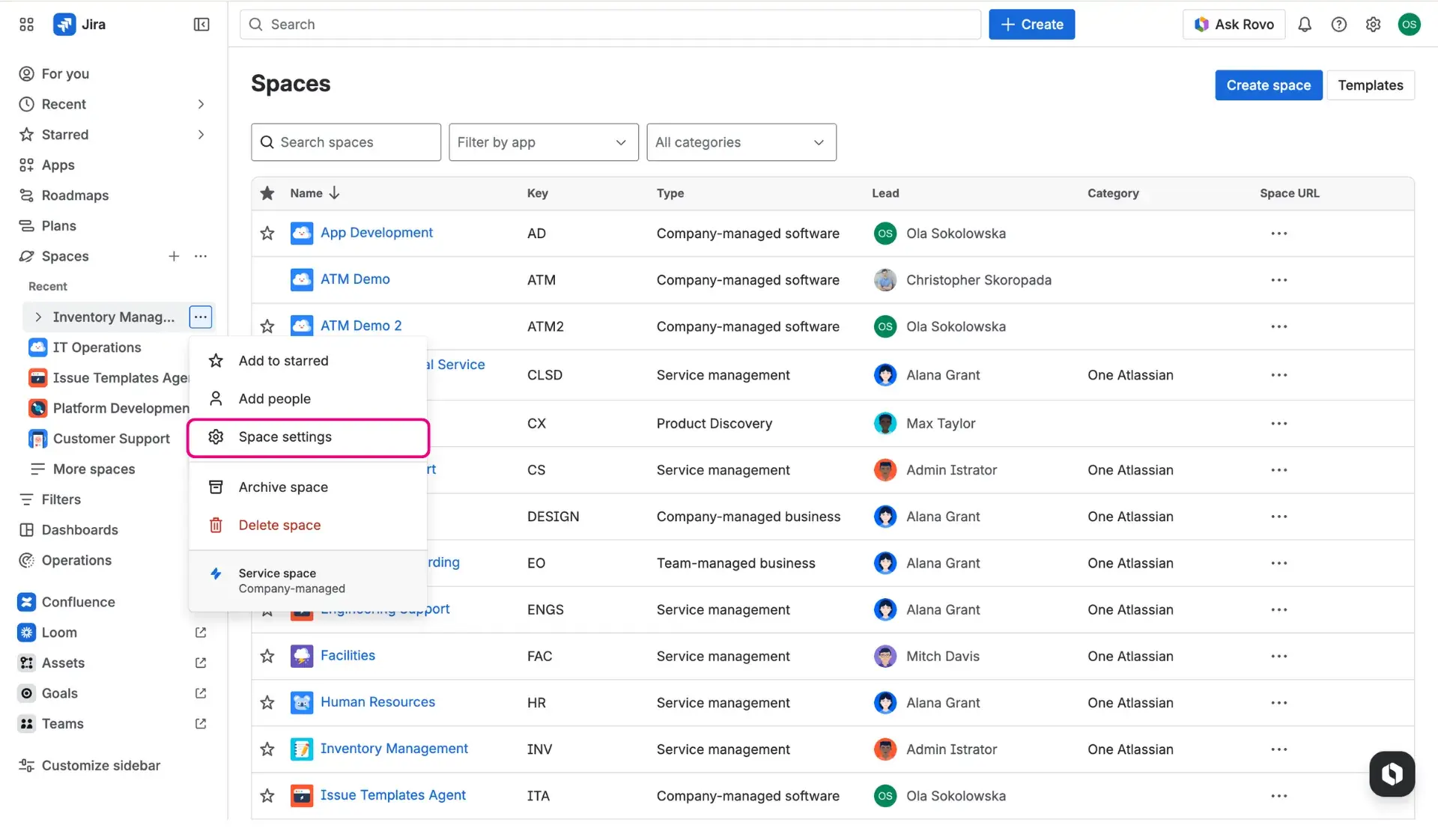 Space settings button of a selected service project - the button is highlighted on the screenshot.