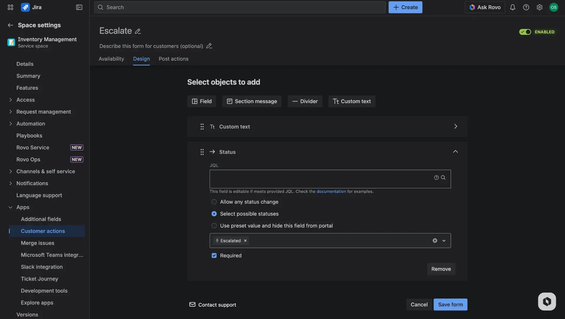 Customer actions configuration page - the Design tab. Configuring the status field.
