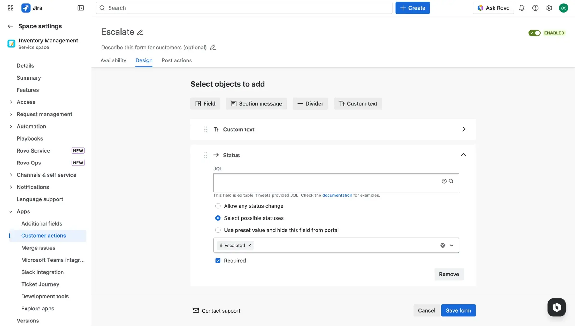 Customer actions configuration page - the Design tab. Configuring the status field.