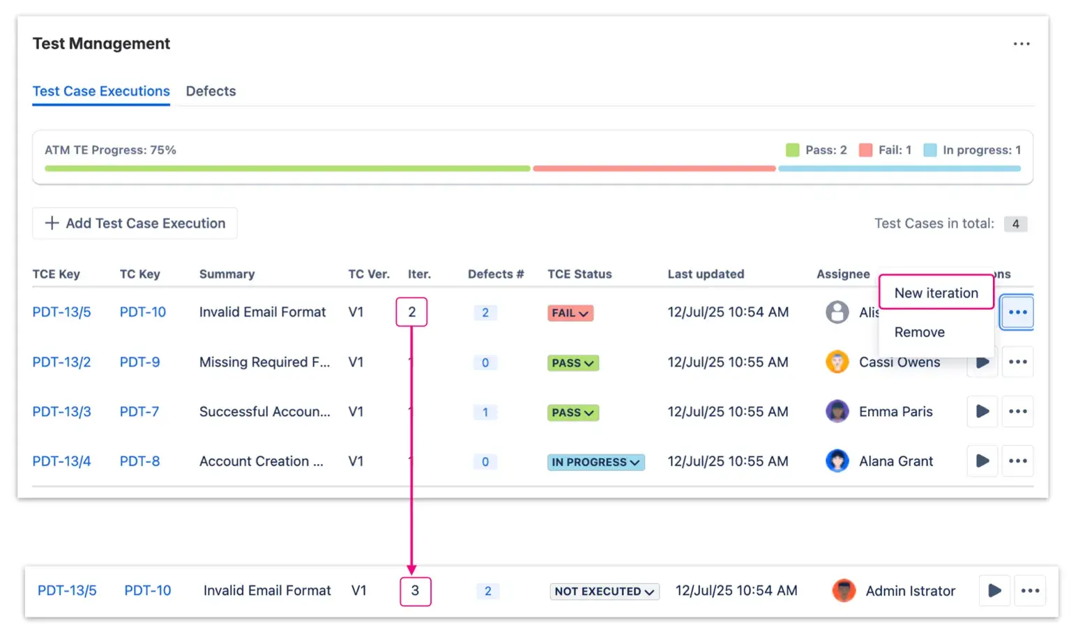Users can add new iterations of Test Case Executions in Test Management panel in the Jira Test Execution issue by clicking a corresponding button in More options menu.